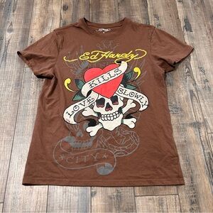 Ed Hardy Love Kills Slowly Skull Heart Graphic T-shirt Women Small Brown Y2K